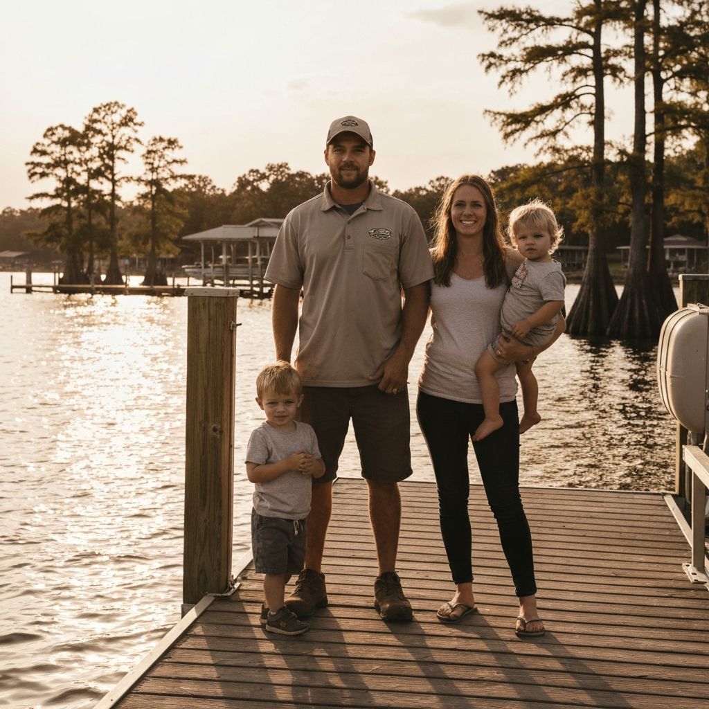 The family behind InsightEngine on the dock at sunset