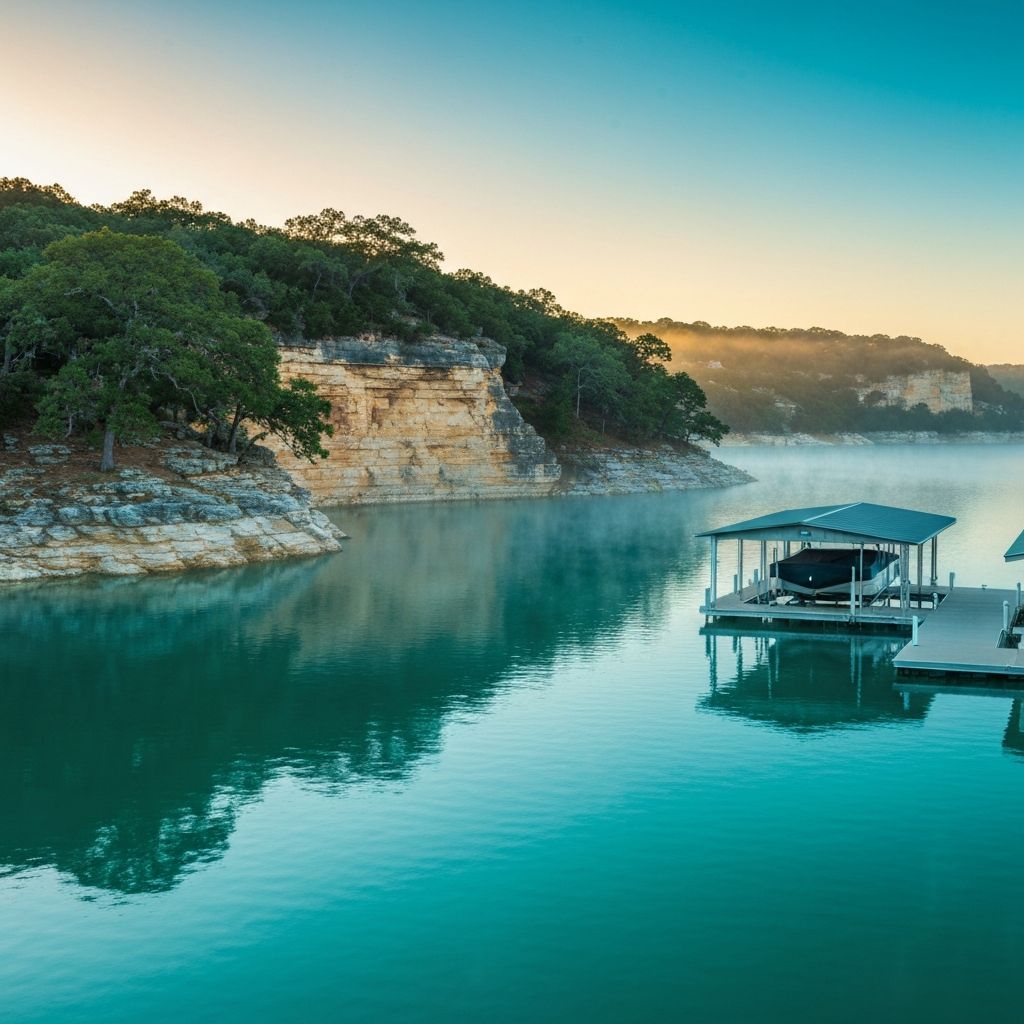 Sunrise over a Central Texas lake with boat dock